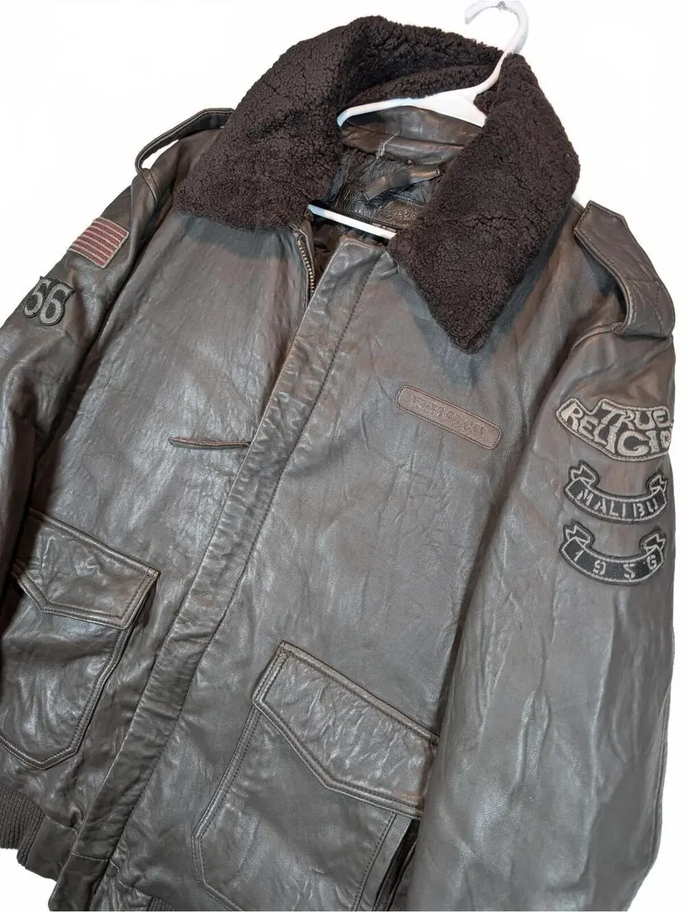 True Religion TR-80 So Cal Leather Bomber Sherpa Collar Jacket Mens XXXL Patches
